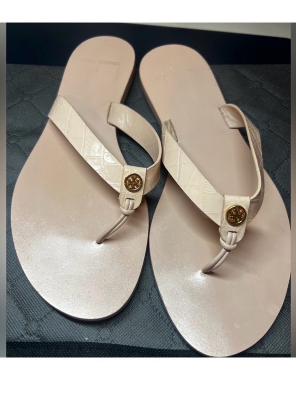 Tory Burch Nude/Blush Croc-Embossed Leather Thong Sandals with Gold Logo